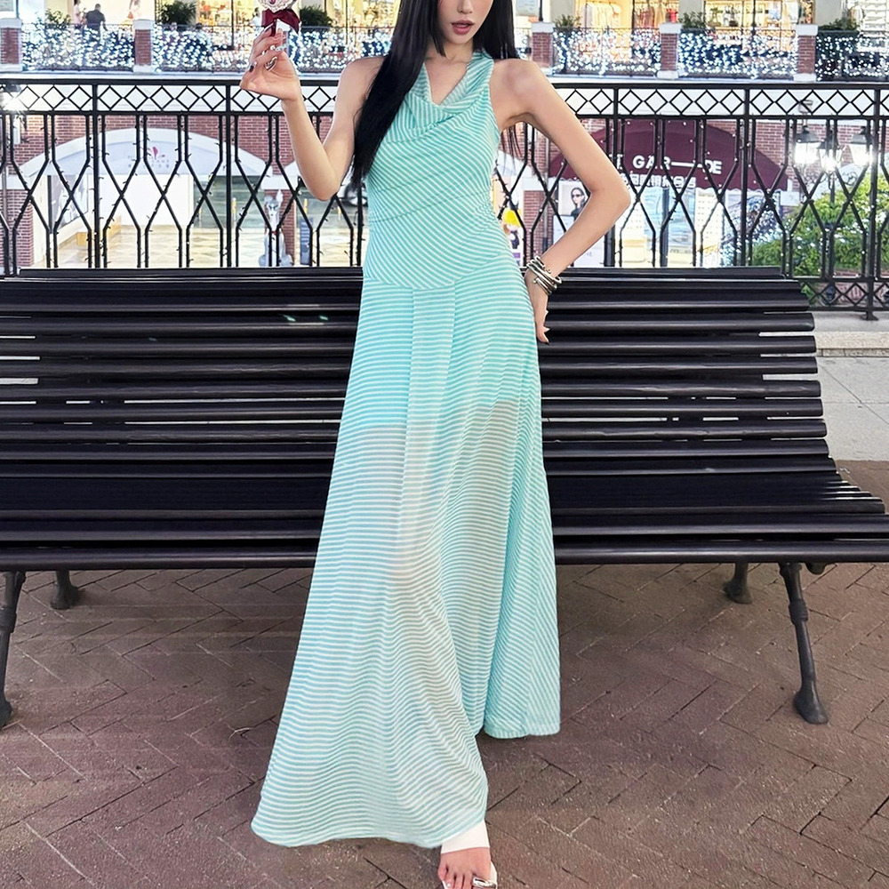 ZARA Summer Striped Halter Maxi Dress Loose Flowy Vacation Style